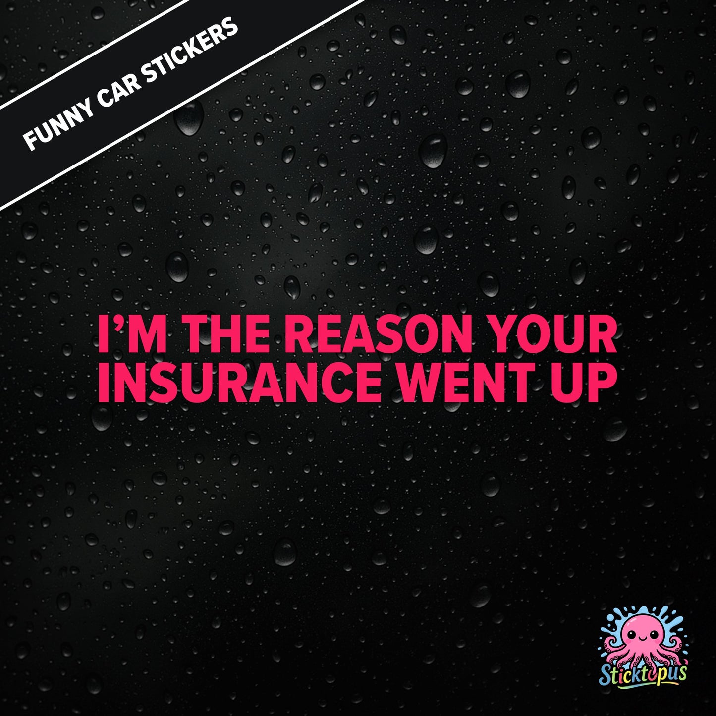 I’m The Reason Your Insurance Went Up — self-aware insurance sticker in pink text, dry and cheeky.