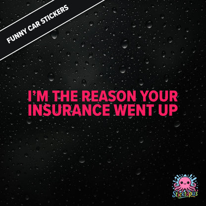 I’m The Reason Your Insurance Went Up — self-aware insurance sticker in pink text, dry and cheeky.