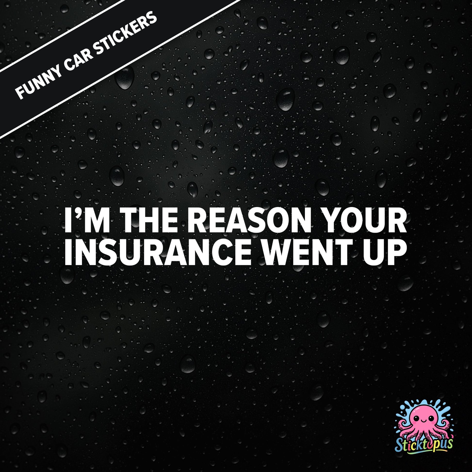 I’m The Reason Your Insurance Went Up — self-aware insurance sticker in white text, dry and cheeky.