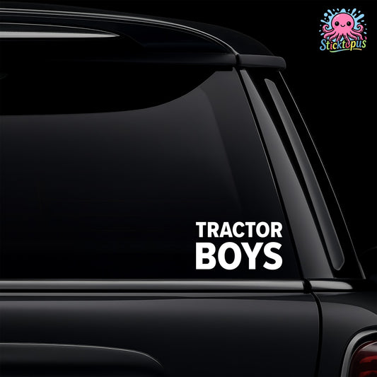 Car window with 'TRACTOR BOYS' decal and Sticktopus logo.