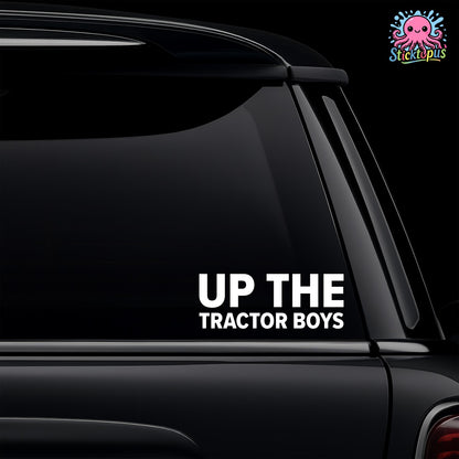 Car window with 'Up The Tractor Boys' decal and Sticktopus logo.