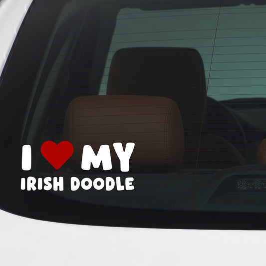 Irish Doodle – I LOVE MY DOG Sticker – Car Window Decal – White vinyl car/window decal mockup