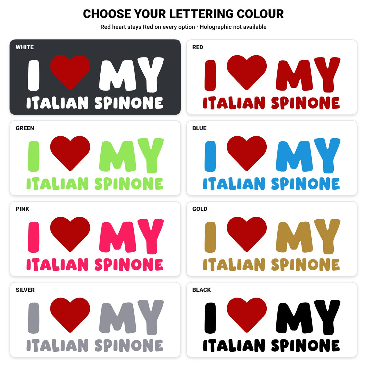 Italian Spinone – I LOVE MY DOG Sticker – Car Window Decal – lettering colour guide with fixed red heart