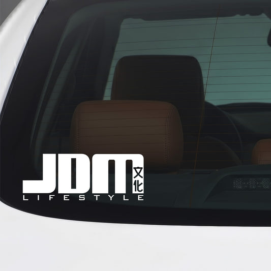 White JDM Lifestyle sticker applied to a car window.