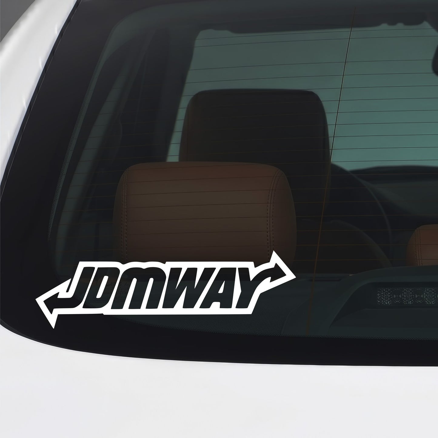 White JDM Way sticker applied to a car window.