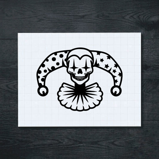 Black grinning skull beneath a spotted, starry jester hat and scalloped ruff vinyl sticker