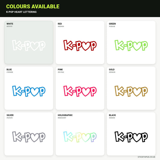 Vinyl colour options for K-pop heart lettering vinyl sticker