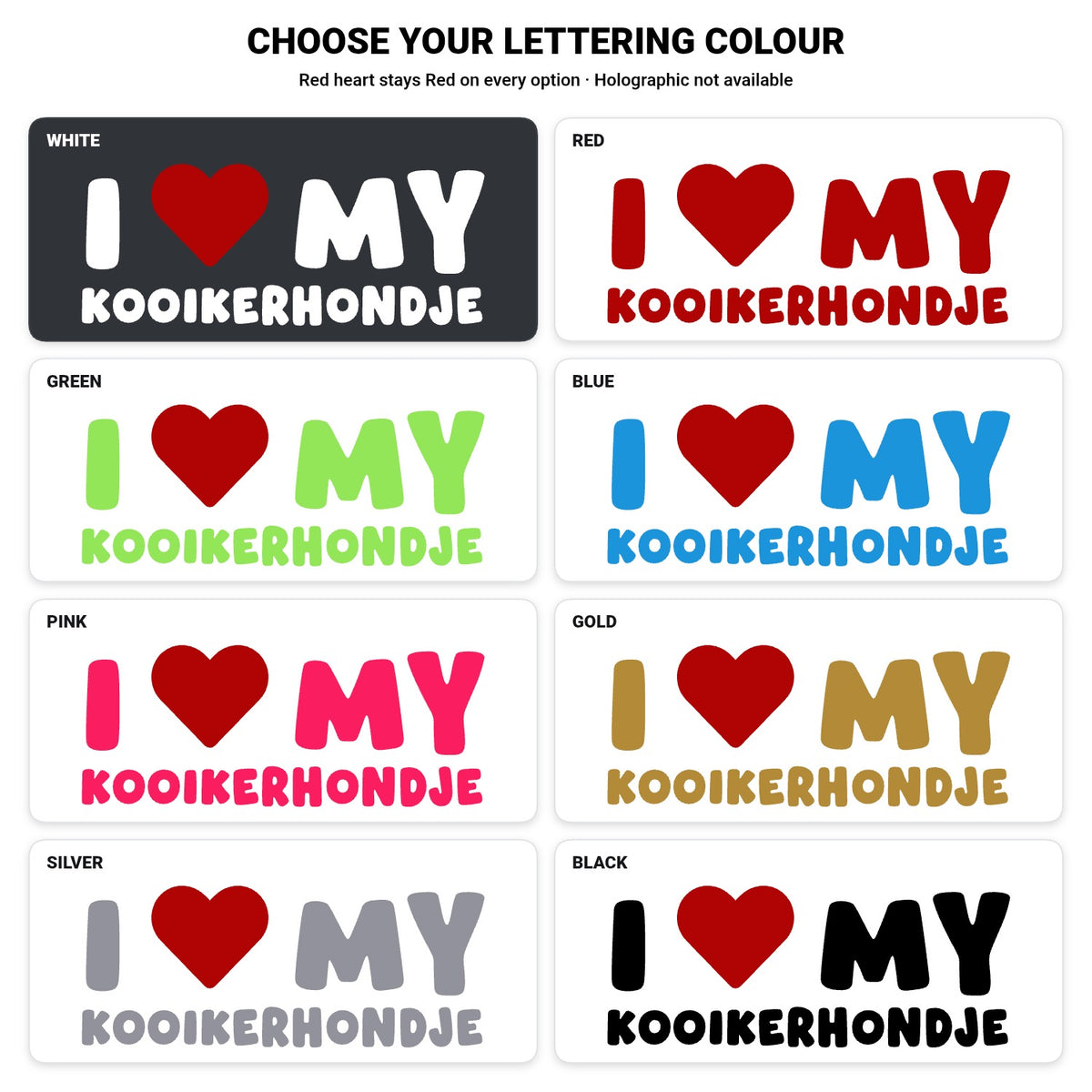 Kooikerhondje – I LOVE MY DOG Sticker – Car Window Decal – lettering colour guide with fixed red heart