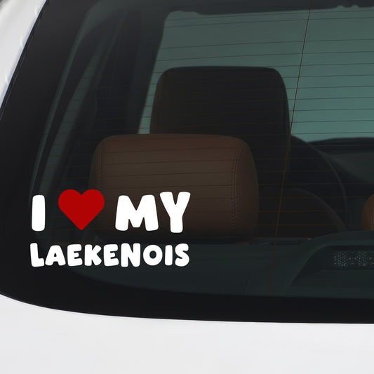 Laekenois – I LOVE MY DOG Sticker – Car Window Decal – White vinyl car/window decal mockup
