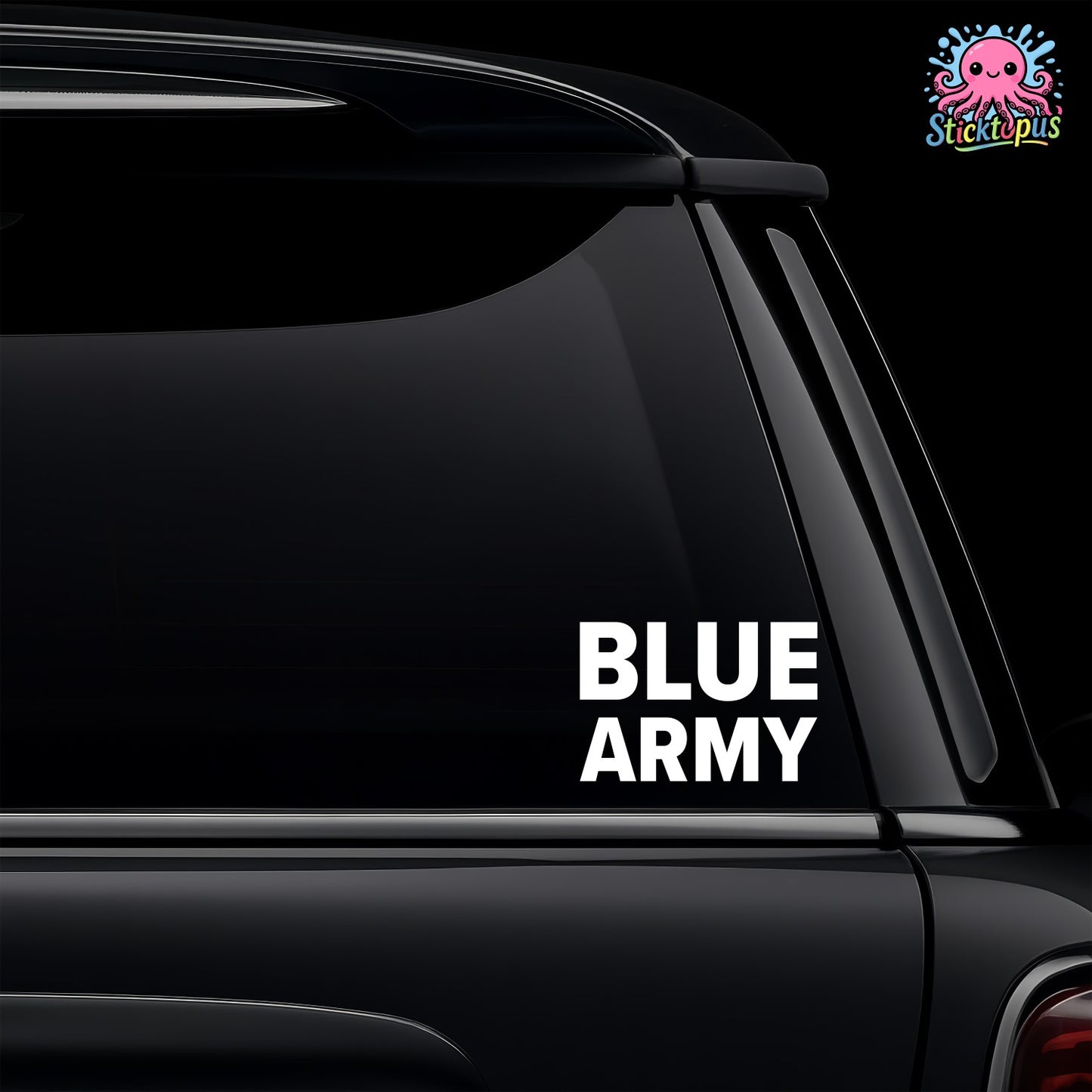 Car window with 'Blue Army' decal and Sticktopus logo.