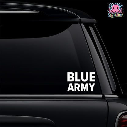 Car window with 'Blue Army' decal and Sticktopus logo.