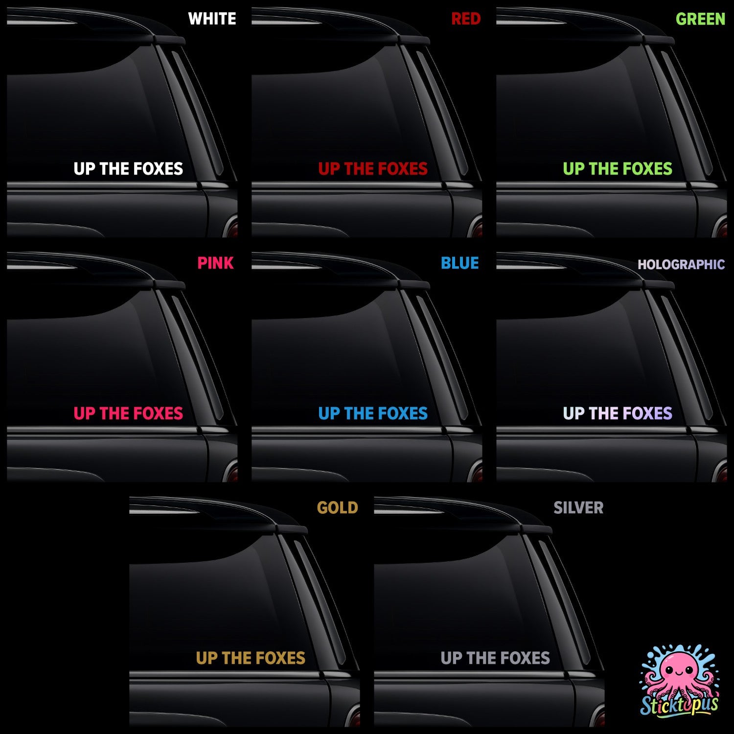 Collection of 'Up the Foxes' decals in various colors on a black background with Sticktopus branding.