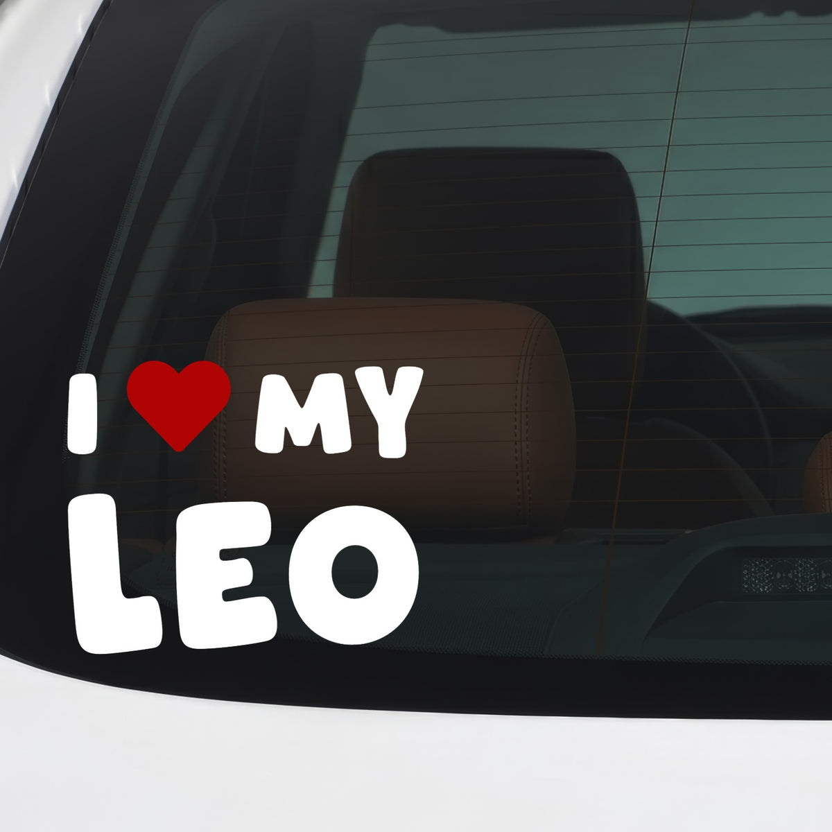 Leo – I LOVE MY DOG Sticker – Car Window Decal – White vinyl car/window decal mockup