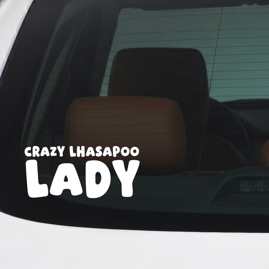 Lhasapoo – CRAZY DOG LADY Sticker – Car Window Decal – White vinyl car/window decal mockup
