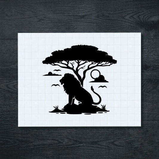 Black seated lion beneath a spreading acacia tree vinyl sticker