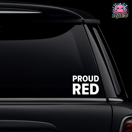 Black car with 'PROUD RED' decal and Sticktopus logo.