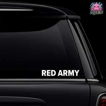 Car window with 'Red Army' decal and Sticktopus logo.