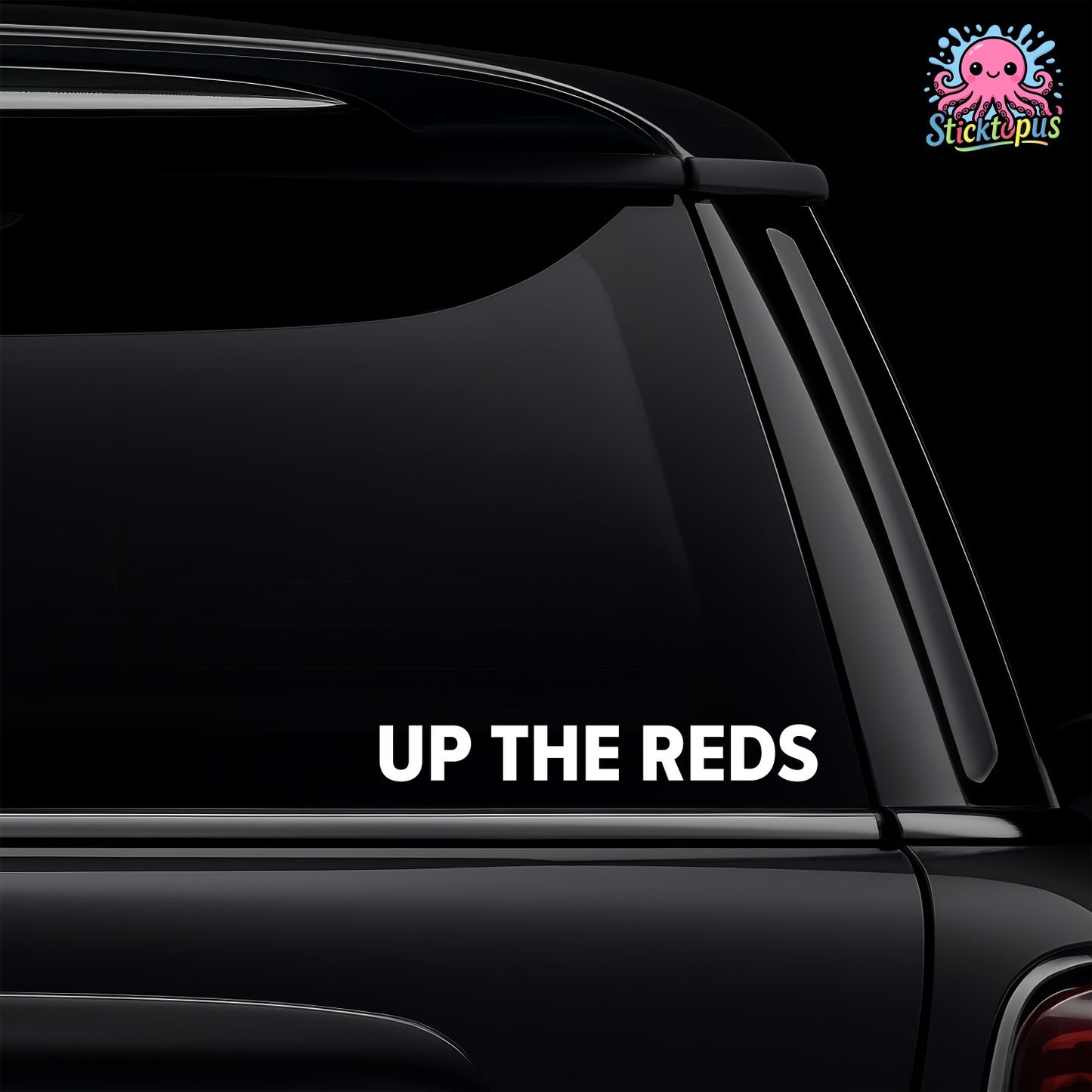 Car window with 'UP THE REDS' decal and Sticktopus logo.