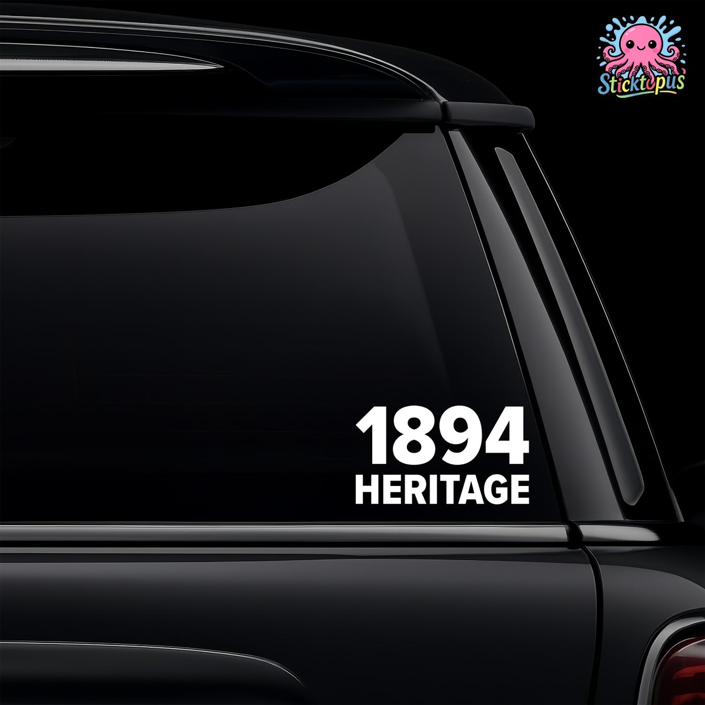 Car window with '1894 Heritage' decal and Sticktopus logo.