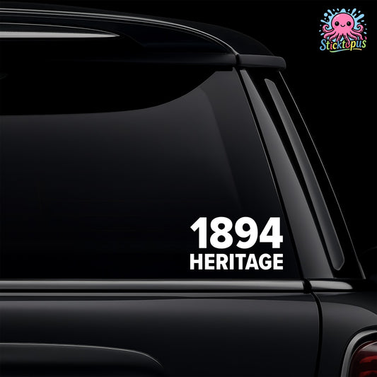 Car window with '1894 Heritage' decal and Sticktopus logo.