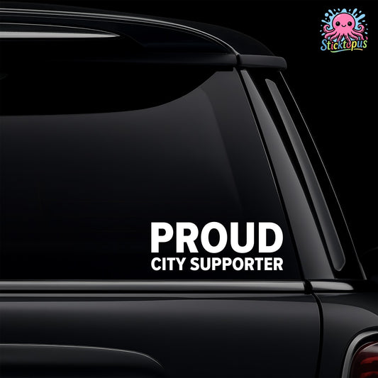 Car window with 'PROUD CITY SUPPORTER' decal and Sticktopus logo.