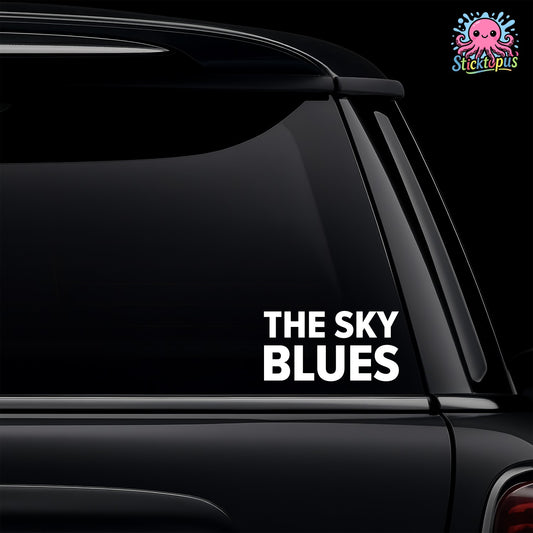 Car window with 'The Sky Blues' decal and Sticktopus logo.