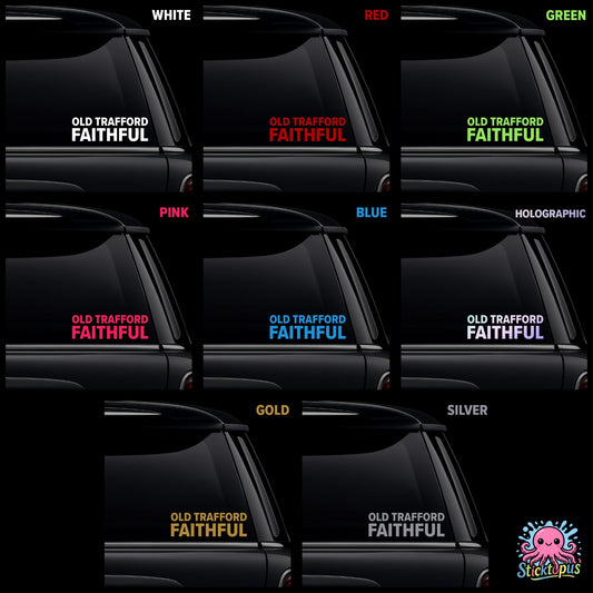 Collection of 'Old Trafford Faithful' decals in various colors on a black background.