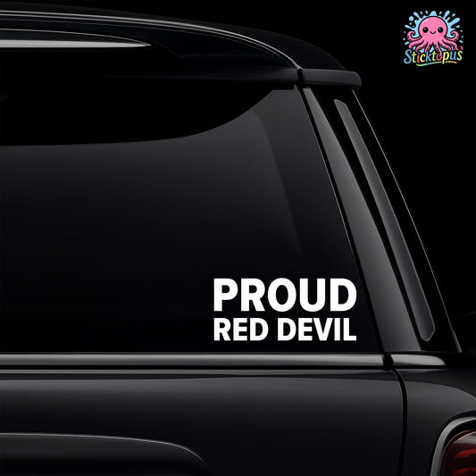 Car window with 'PROUD RED DEVIL' decal and Sticktopus logo.