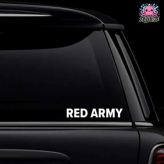 Car window with Red Army decal and Sticktopus logo.