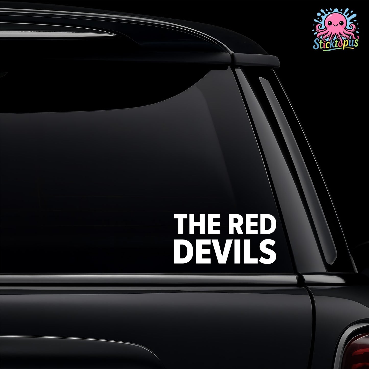 Car window with 'The Red Devils' decal and Sticktopus logo.