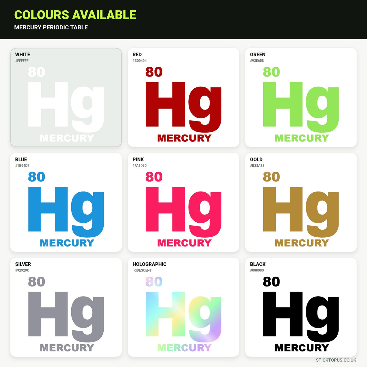 Vinyl colour options for Mercury periodic table sticker