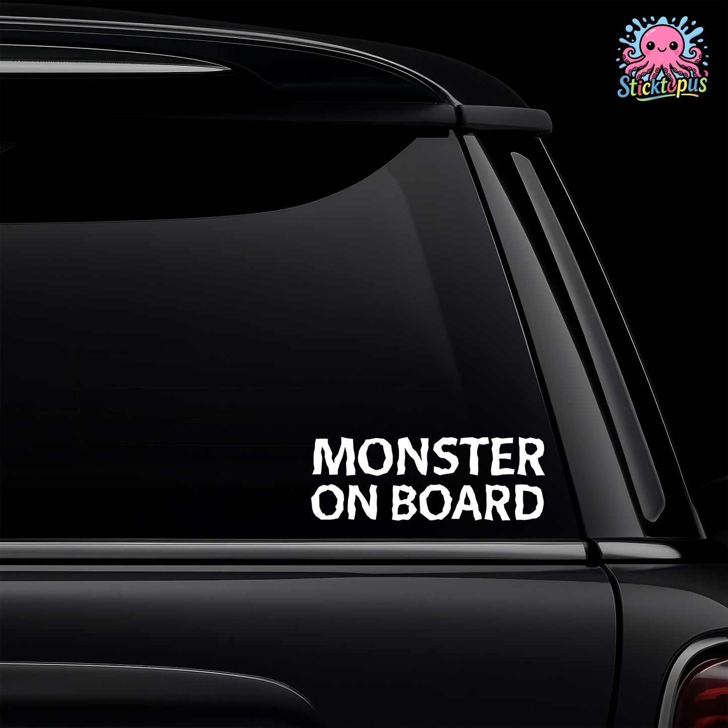 Black car with 'Monster on Board' decal and Sticktopus logo.