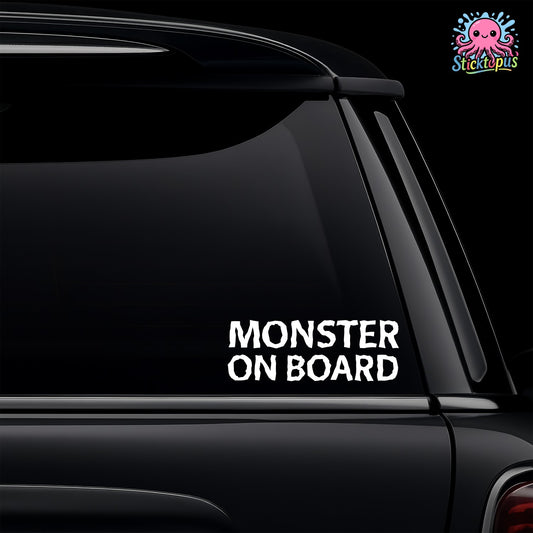 Black car with 'Monster on Board' decal and Sticktopus logo.