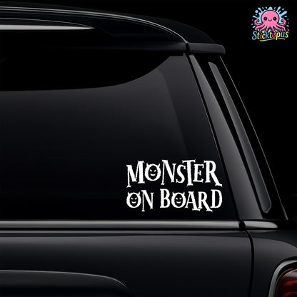 Car window with 'Monster on Board' decal and Sticktopus logo.
