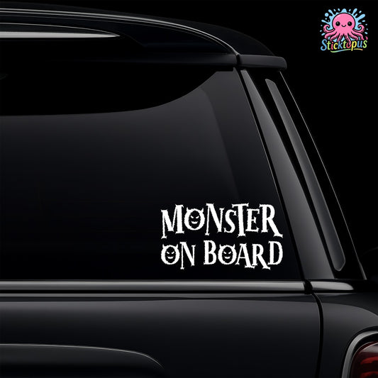 Car window with 'Monster on Board' decal and Sticktopus logo.