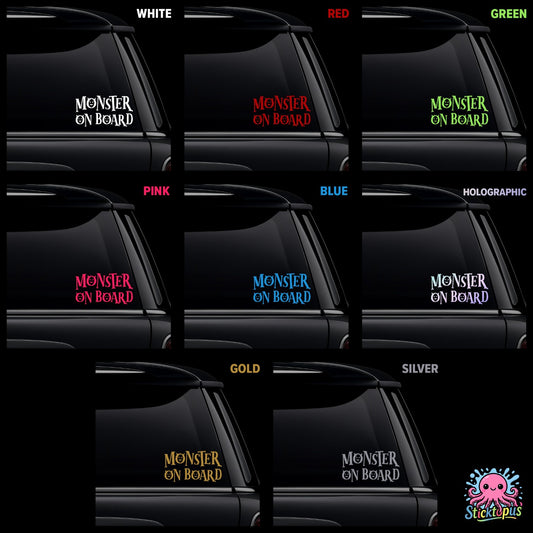 Collection of 'Monster on Board' car window stickers in various colors with a pink octopus logo.