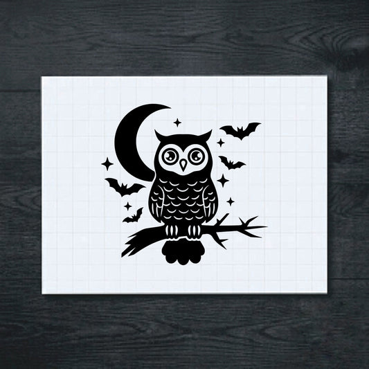 Black Moonlit owl and bats vinyl sticker