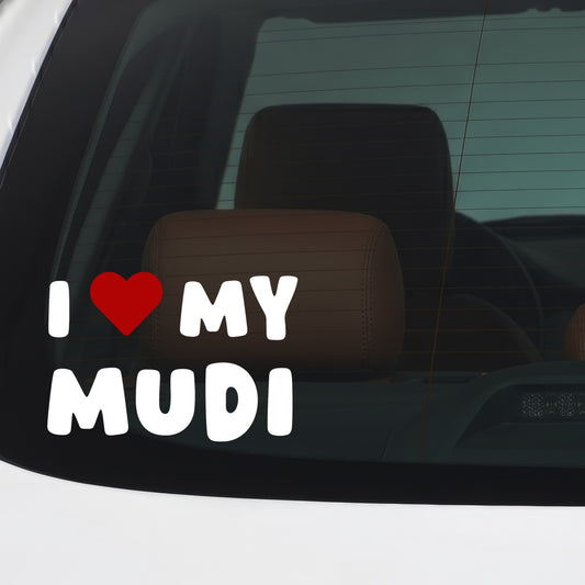 Mudi – I LOVE MY DOG Sticker – Car Window Decal – White vinyl car/window decal mockup