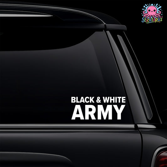 Black car window with 'BLACK & WHITE ARMY' decal and Sticktopus logo.