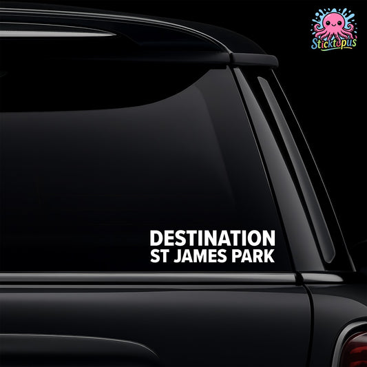 Car window with 'Destination St James Park' decal and Sticktopus logo.