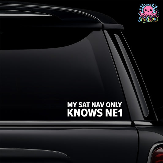 Car window with 'My Sat Nav Only Knows NE1' decal and Sticktopus logo.