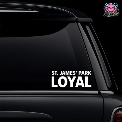 Car window with 'St. James' Park Loyal' decal and Sticktopus logo.