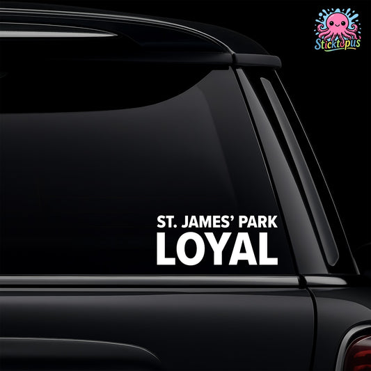 Car window with 'St. James' Park Loyal' decal and Sticktopus logo.