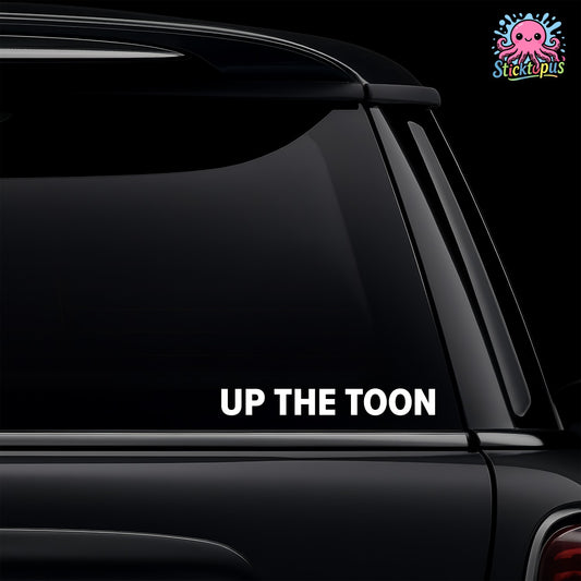 Car window with Newcastle United 'Up The Toon' sticker and Sticktopus logo.