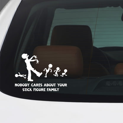 White Nobody Cares stick figure family zombie car window sticker.