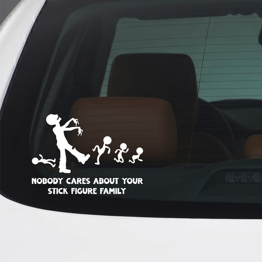 White Nobody Cares stick figure family zombie car window sticker.