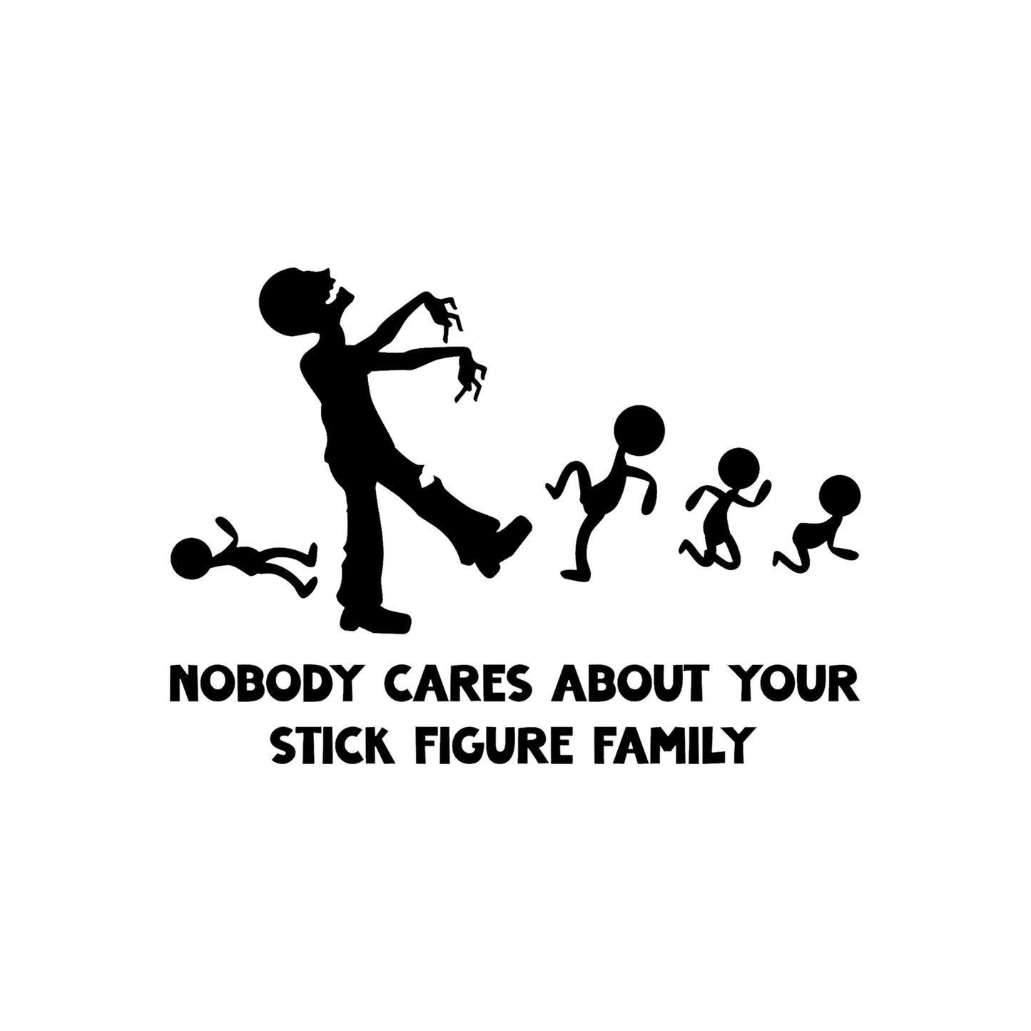 Black Nobody Cares stick figure family zombie vinyl sticker on a white background.