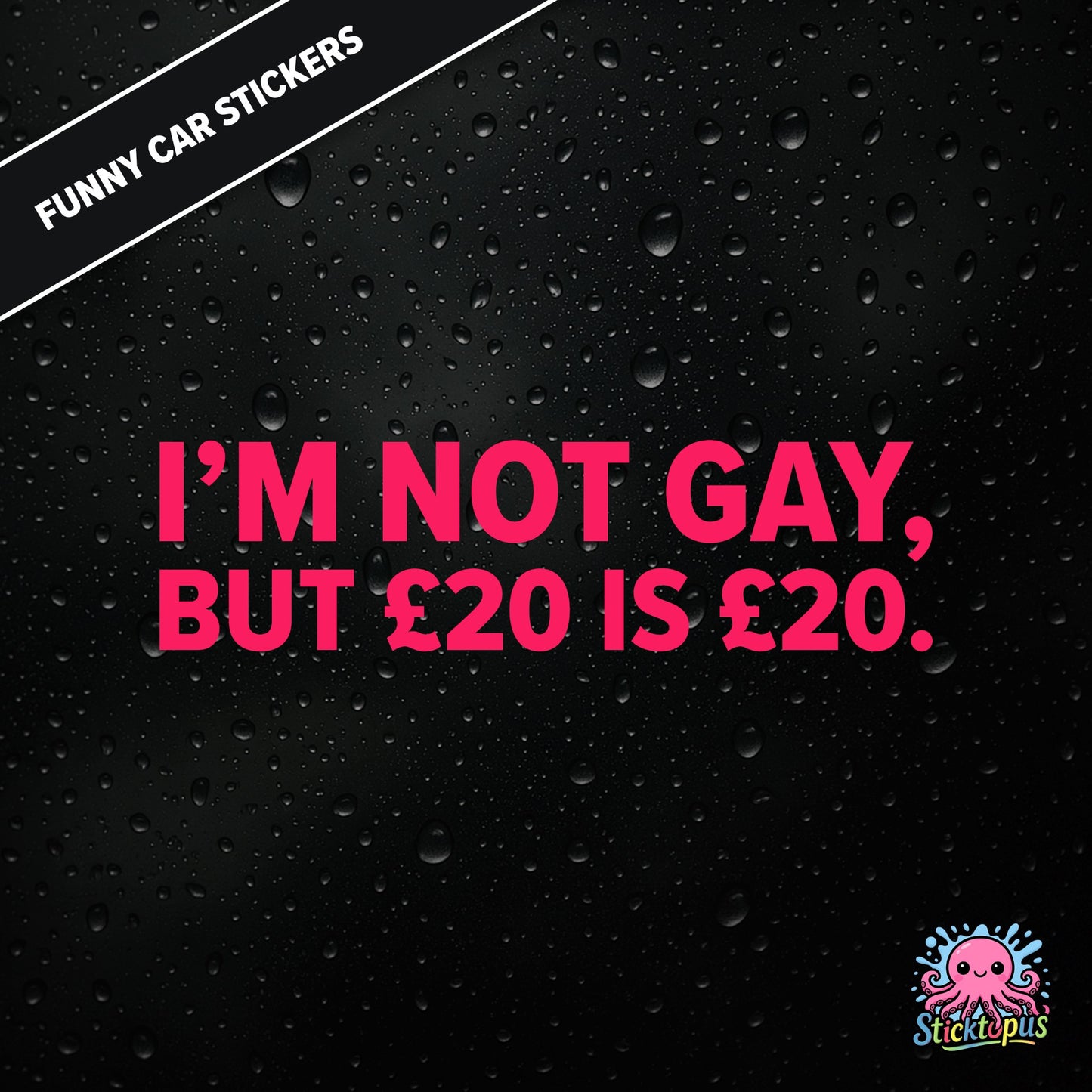 I’m Not Gay, But £20 Is £20 — cheeky £20 joke sticker in pink text, rude and controversial.