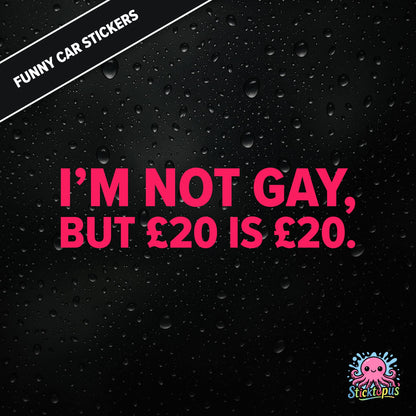 I’m Not Gay, But £20 Is £20 — cheeky £20 joke sticker in pink text, rude and controversial.