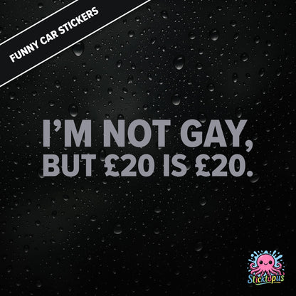 I’m Not Gay, But £20 Is £20 — cheeky £20 joke sticker in silver text, rude and controversial.